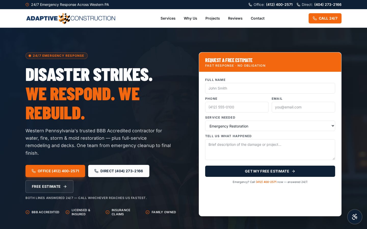 Homepage screenshot of the Adaptive Construction PA website designed by VeroWeb